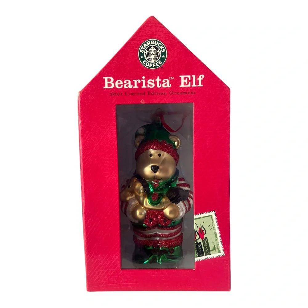 2001 Starbucks Bearista‎ Elf Ornament Glass Vintage Glitter Christmas With Box